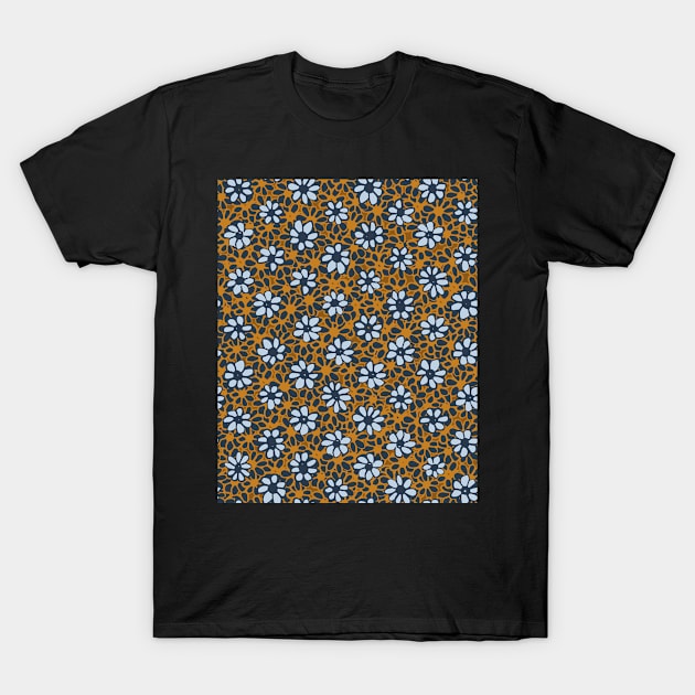 Batik Florals in Mustard and Navy Tones T-Shirt by FrancesPoff